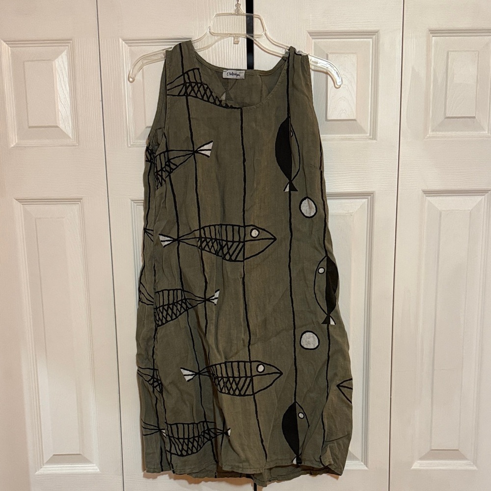 Olive Green Sleeveless Linen Dress with Fish Print
